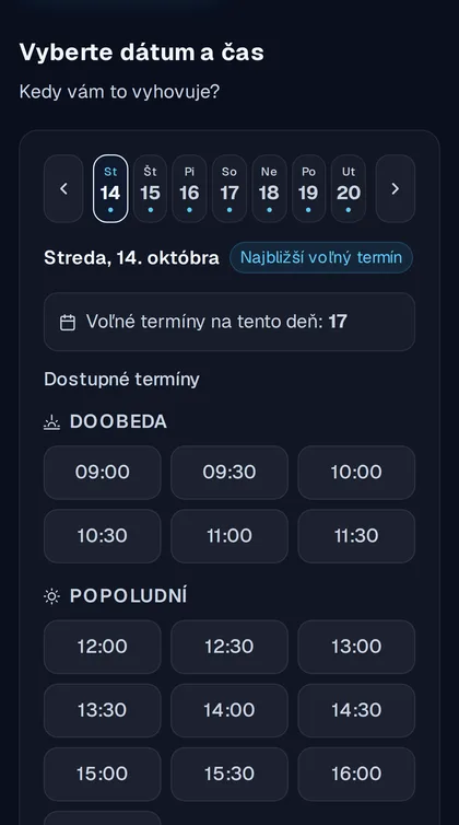 Rezervačná stránka v mobile s voľnými termínmi
